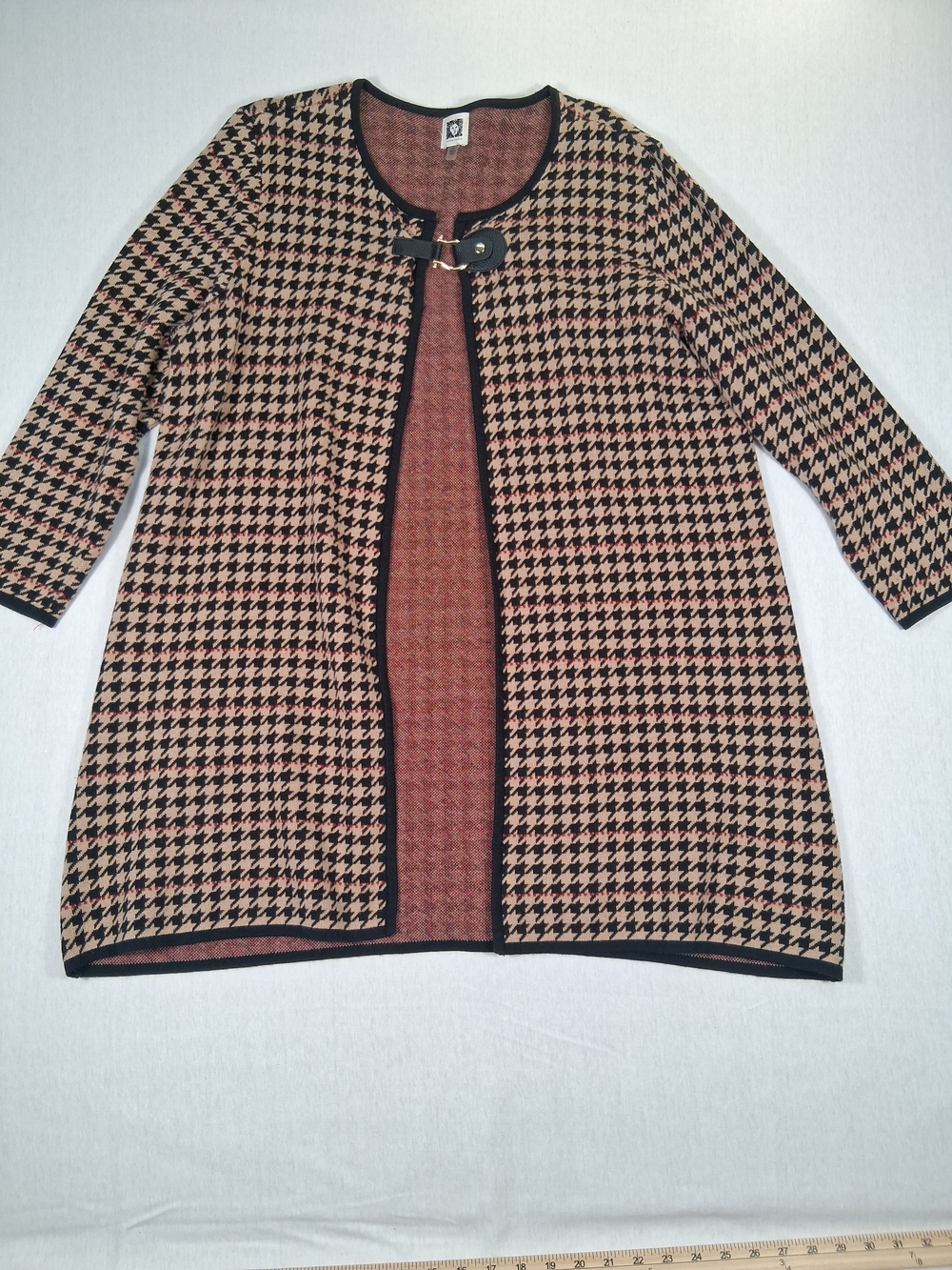 Anne Klein 1X Houndstooth Open Front Cardigan Sweater Red Black Tan Classic - Picture 2 of 11